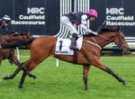 Jockeys race on riding horses at Caulfield Racecourse, pink-helmeted rider in foreground.