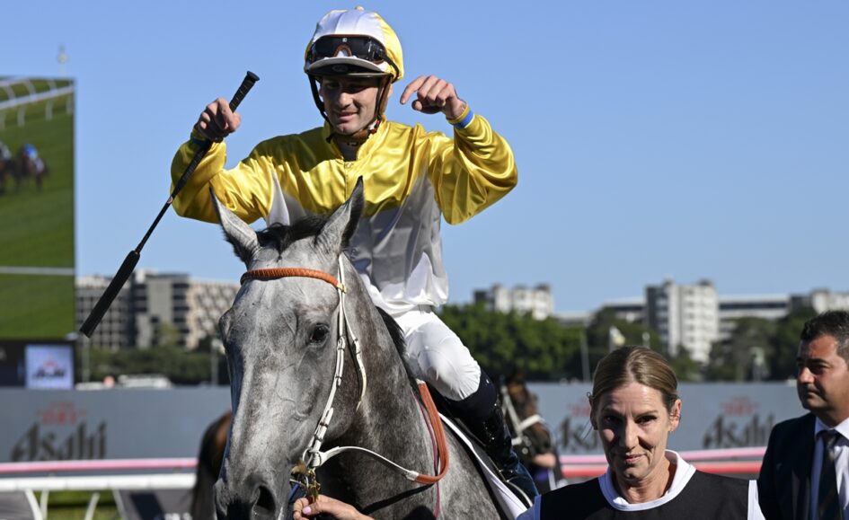 Jockey in yellow silks on a gray horse celebrates victory, raising a fist as a handler holds the reins nearby at a sunny racetrack.
