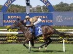 Jockey in gold silks rides a brown racehorse with blue tack at Royal Randwick, saddlecloth number 2.