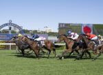 Jockeys and thoroughbreds race neck‑and‑neck on a sunny turf at Royal Randwick, with the blue Randwick sign in the background.