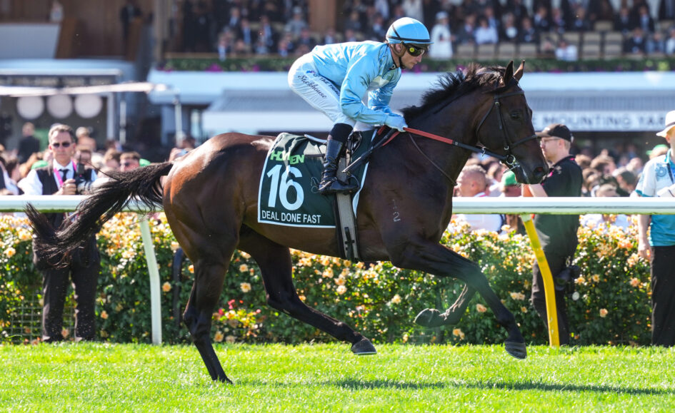Jockey in light blue silks rides a dark horse with a green saddle cloth showing number 16 during a race, crowd in stands in the background.