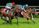 Two jockeys race side-by-side on galloping horses at night, leaning forward in a close finish on a grassy track, with red and blue helmets and bright silks.