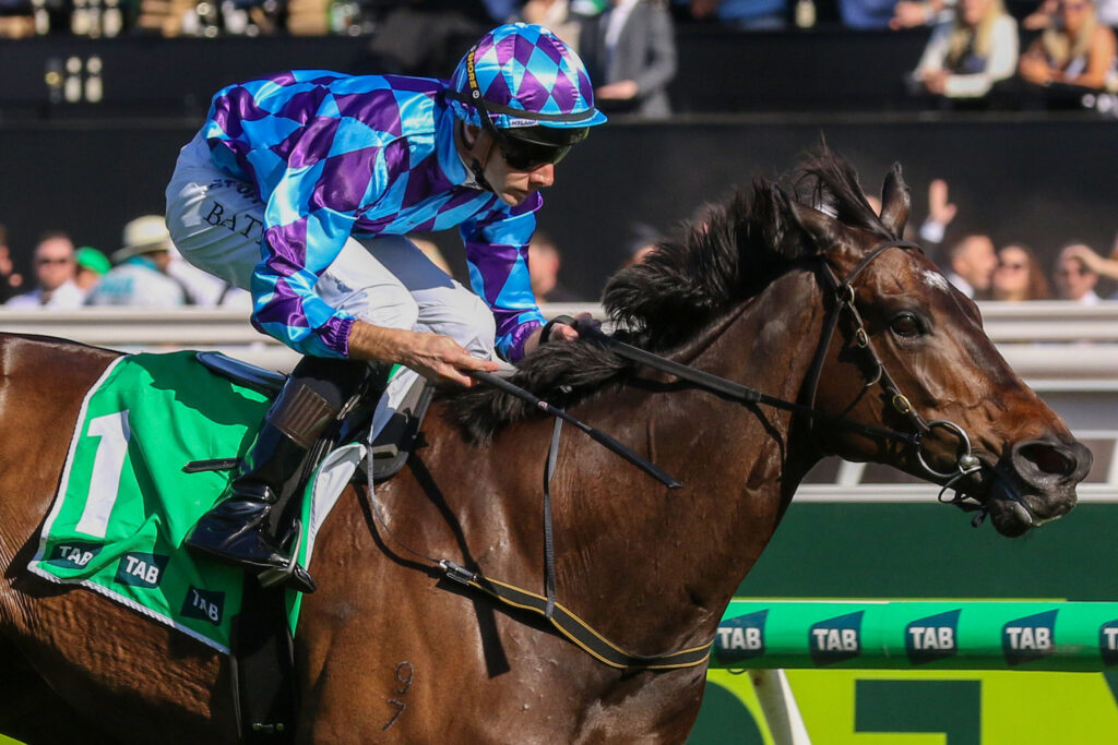 Jockey in blue and purple geometric silks rides a dark horse during a race, leaning forward at full speed with crowd in the background.