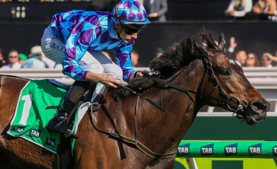 Jockey in blue and purple geometric silks rides a dark horse during a race, leaning forward at full speed with crowd in the background.
