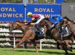 Three jockeys race their horses in a mid-stretch moment; the lead horse wears a number 3 saddle cloth reading LINEBACKER with a yellow helmet and maroon/white silks.