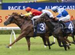 Two leading racehorses and jockeys sprinting on a turf track, numbers 3 and 4 on their blue saddlecloths, colorful silks in red, white, and light blue.