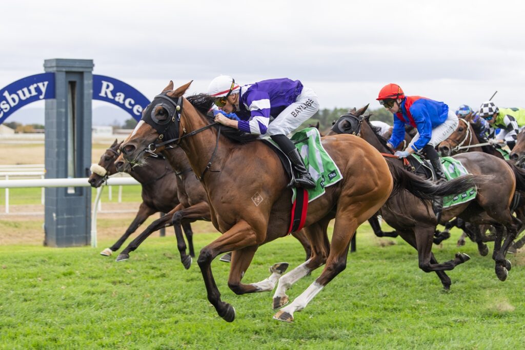 Jockey in purple and white leads a tight horse race on a green turf track with other riders close behind in colorful silks.
