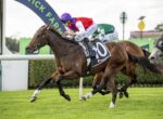 Jockey in red and white silks rides a brown racehorse with a white saddle cloth number 10, sprinting on a grassy track.