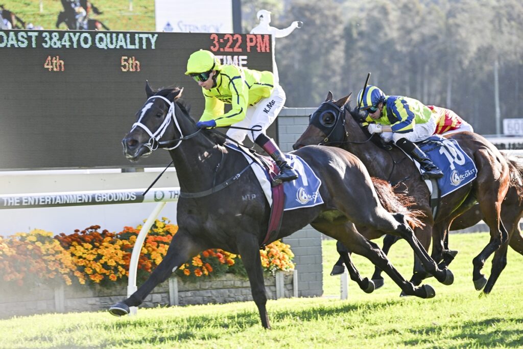 Horse race in progress: dark bay horse leads with a neon-yellow-clad jockey, chased by two other mounted riders on a grassy track at the finish line correction zone.