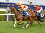 Two jockeys in orange silks race on brown horses at Kensington racecourse, with a large blue Kensington sign in the background.