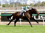 Horse and jockey in green-and-white silks race along a dirt track with a city skyline in the background.