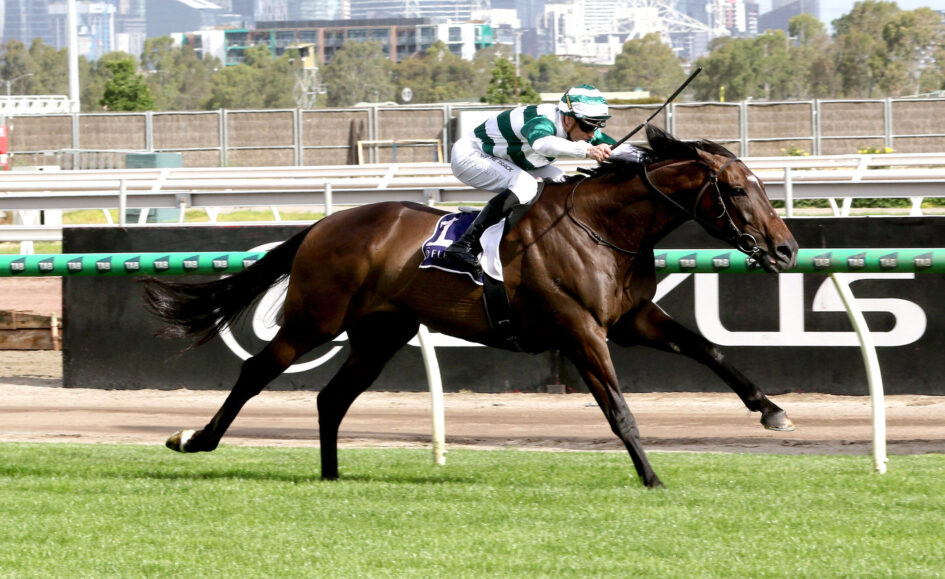 Horse and jockey in green-and-white silks race along a dirt track with a city skyline in the background.