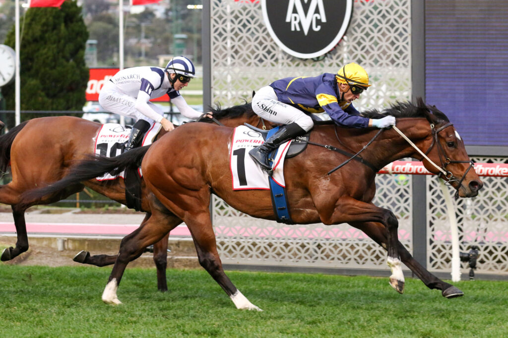 Two jockeys race their brown horses on a grassy track, wearing white/blue and yellow uniforms with helmets, near a decorative railing in the background.