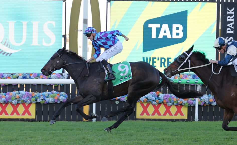 Two jockeys sprint toward the finish on galloping horses, the leading horse wearing a green saddlecloth with number 9; bright screens and flower barriers rise in the background.