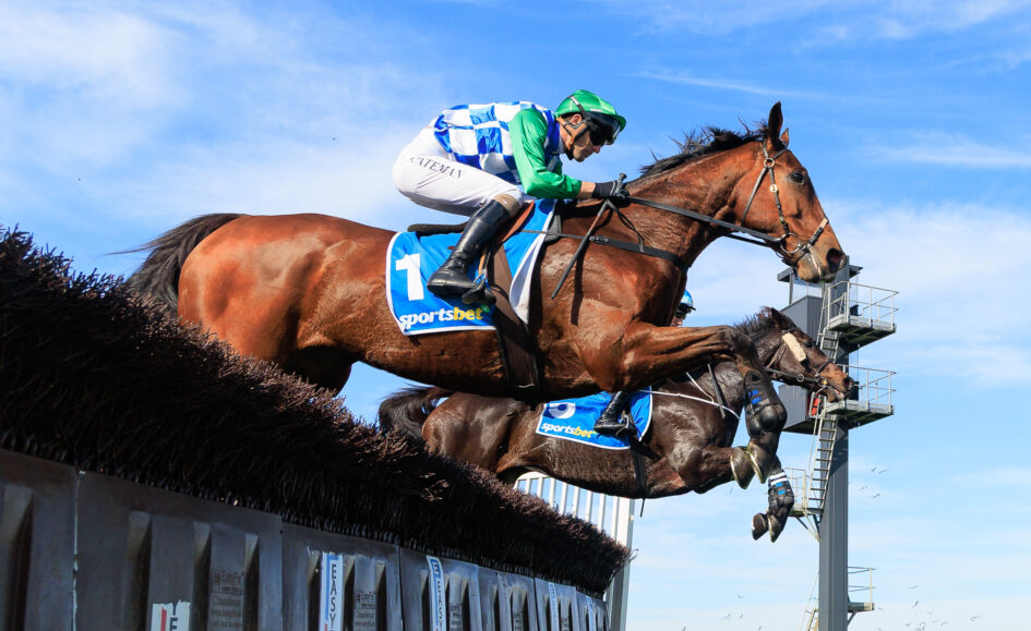 Jockey in green and blue silks rides a brown horse mid-jump over a track barrier against a blue sky.