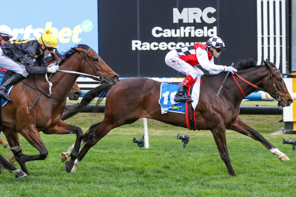 Two jockeys on galloping horses race side by side on a green turf track at Caulfield Racecourse, with advertising boards in the background.