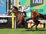 A jockey in purple and white silks rides a brown horse over a hurdle during a race, colorful signage and flowers in the background.