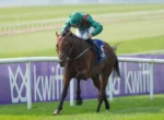 Jockey in green racing silks on a brown horse jumping a hurdle on a grassy race track, with a purple railing in the background.