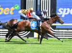 Three jockeys in bright silks ride racing horses at full speed on a grass track, with a blue sponsor board in the background.