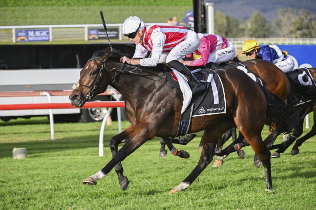 Dark brown racehorse and rider in red‑and‑white silks sprint on a turf track, first past the rails in a crowded race.