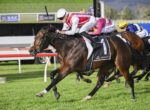 Dark brown racehorse and rider in red‑and‑white silks sprint on a turf track, first past the rails in a crowded race.