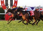 Jockeys in colorful silks race side by side on a sunlit grassy track, with red rails and banners in the background.