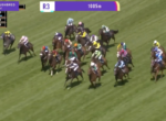 A crowded turf horse race with jockeys in colorful silks; on-screen banner reads R3 and 1005m.
