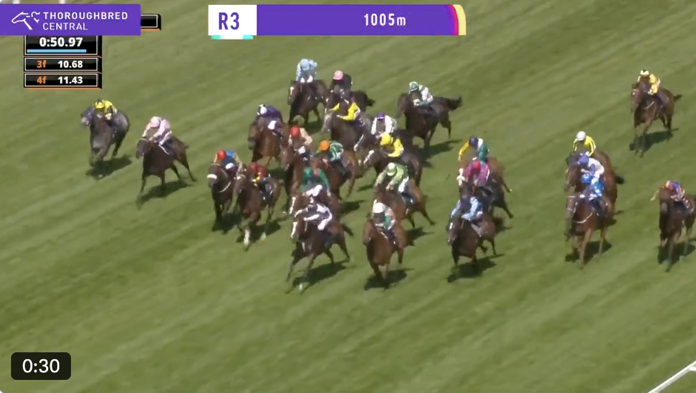A crowded turf horse race with jockeys in colorful silks; on-screen banner reads R3 and 1005m.