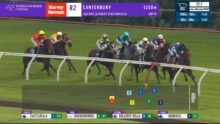 Thoroughbred horse race on a green turf track; jockeys in colorful silks push toward the right, with on-screen overlays showing race numbers, positions, and the current leader beneath a purple sponsor banner.