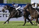 Two jockeys ride two galloping horses in a tight finish on a grassy racecourse, with a blue advertising board in the background.