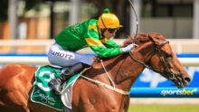 Jockey in green and yellow silks on a brown horse during a race, leaning forward as they jump over a hurdle with a blurred stadium backdrop.