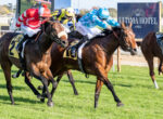 Group of jockeys in bright silks racing side by side on a grassy track; foreground horses galloping, with a sponsor sign in the background saying 'The Ultima Hotel'