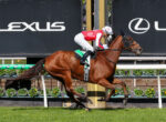 Horse and jockey in red-and-white silks sprinting over a hurdle during a race, Lexus banners in the background, green grass and flowers along the rail.