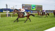 Leading brown racehorse with a peach-sleeved jockey charging on a green turf track; large scoreboard behind. (Kensington signage visible)