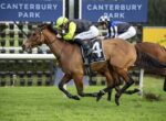 Two racehorses and jockeys sprinting on a turf track under a Canterbury Park sign, in mid-race action.