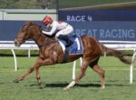 Chestnut racehorse gallops on a green turf track with jockey in white silks and red helmet, saddlecloth number 1, Race 4 banner in background.