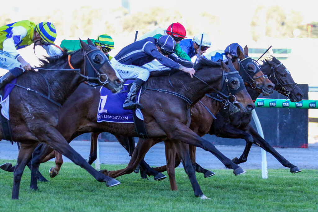 Group of jockeys in colorful silks racing side by side on galloping horses.