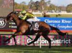 Jockey in neon yellow-green silks riding a brown horse during a race, number 6 saddlecloth, on a sunny track with advertising banners behind.