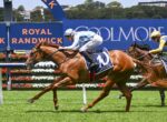 Horse racing scene with a chestnut horse leading a blue-and-white jockey and another horse close behind on a green turf track, Royal Randwick signage in the background.