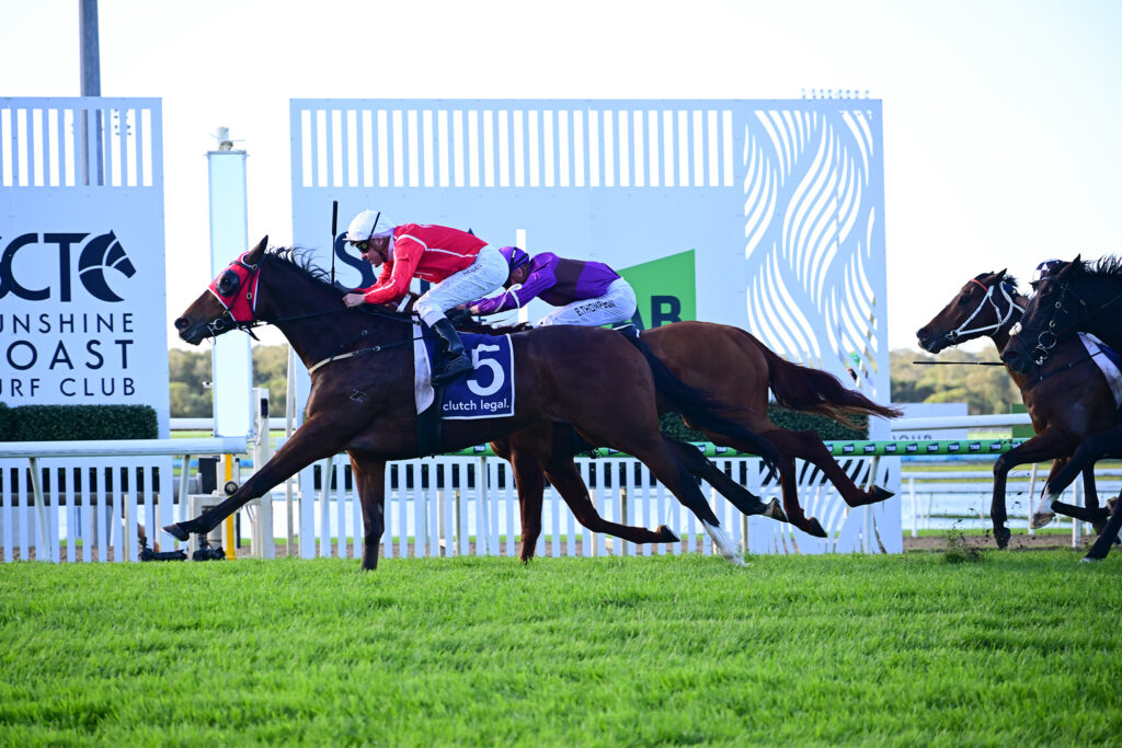 Two jockeys on racing horses leap forward along a white railing on a bright day, the lead rider in red and white ahead of others over green grass.