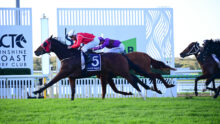Two jockeys on racing horses leap forward along a white railing on a bright day, the lead rider in red and white ahead of others over green grass.