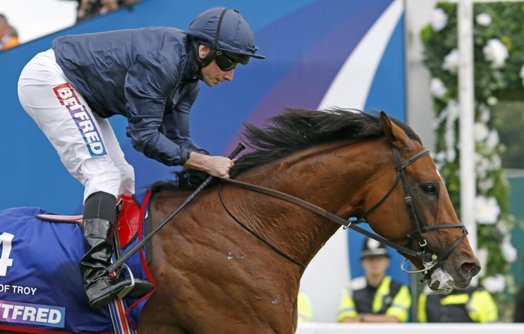 Jockey in navy jacket and white pants riding a brown horse during a race, with blue rails in the background.