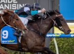 Two racehorses sprint toward the finish with jockeys leaning forward; horse wearing blue number 9 saddlecloth with a sportsbet logo on the side.