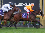 Two jockeys ride racehorses side by side on a track, with vibrant sponsor signage and flowers in the background.
