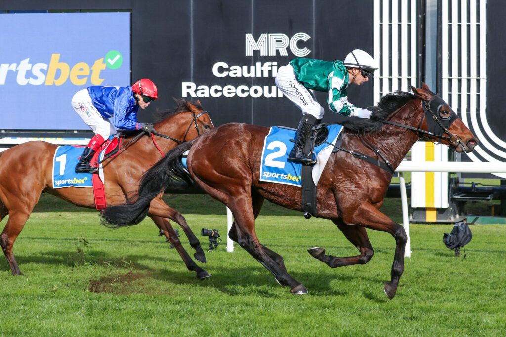 Two jockeys wearing blue and green silks race side by side on brown horses, near the finish line on a grassy track with advertising boards in the background.