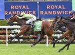 Horse race in progress at Royal Randwick, lead horse wearing green saddlecloth with number 2 and striped jockey jacket slams forward.