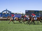 Horse race at Royal Randwick racecourse with jockeys in red and blue silks sprinting on green turf under a clear blue sky, signage in the background.