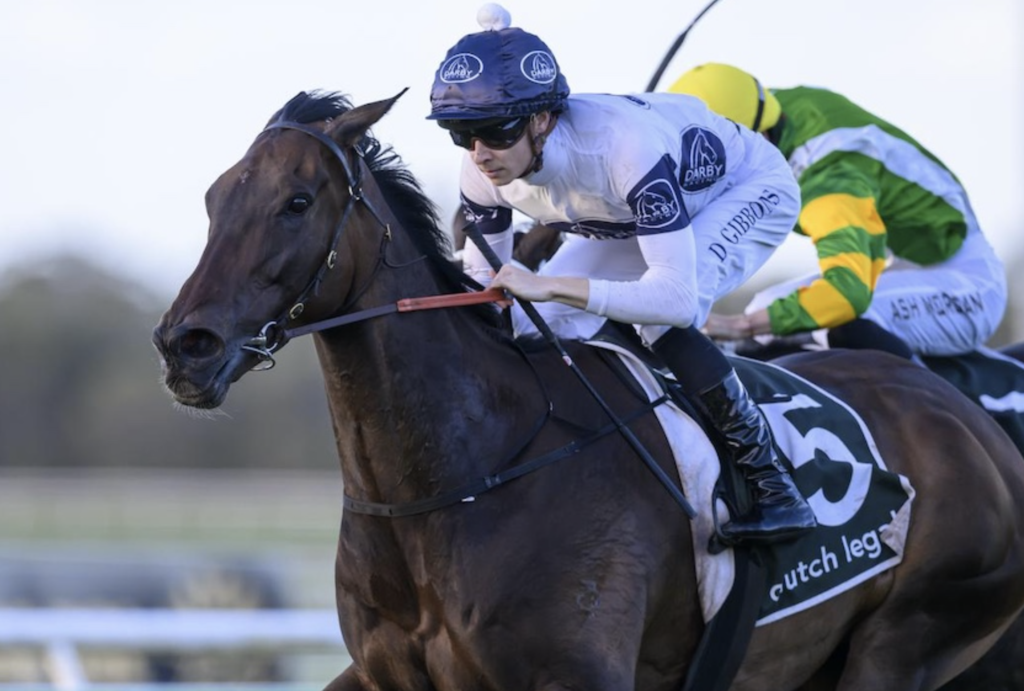 Jockey in blue helmet and white silks leans forward on a dark brown horse during a race, with a green-and-yellow rider behind in a blurred background.