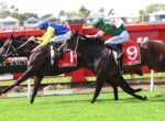 Two jockeys ride fast near the finish line on dark horses, wearing bright silks and red saddlecloths with Ladbrokes visible in the background.”,