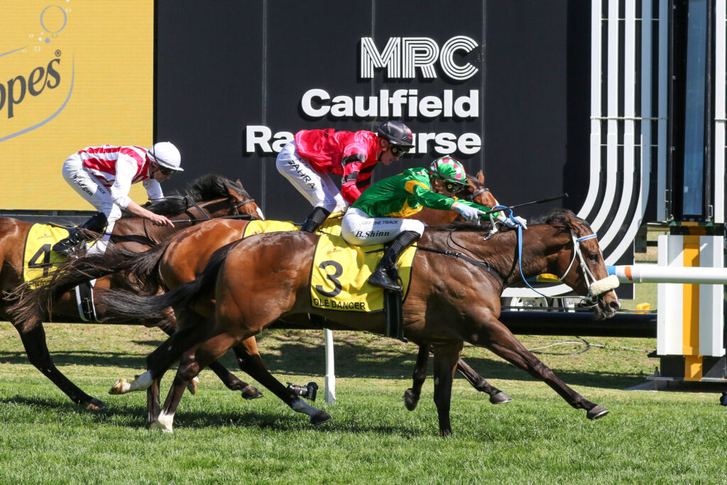 Jockeys in red, green, and white silks race side by side on sprinting horses, on a grassy track with a large black sponsor sign behind them.